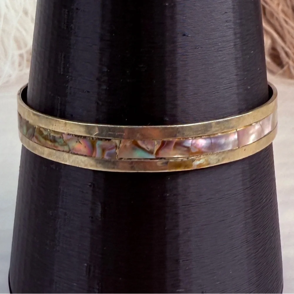 Vintage Boho Chic Oxidized Silvertone Abalone Mexico Stacking Bangle Bracelet